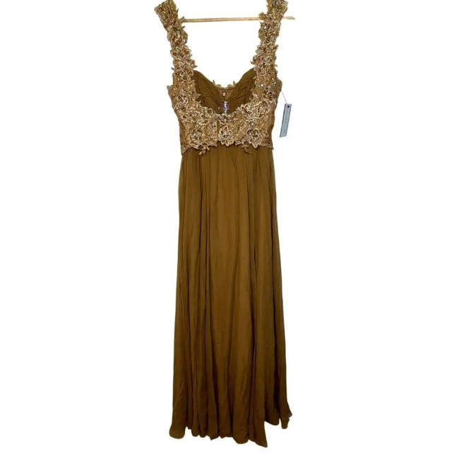 Nwt Mandalay Brown Gold Lace Beaded Embellished Long Evening Gown Dress